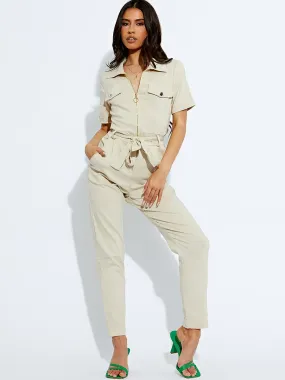 Yara Collared Zip Front Belted Jumpsuit In Stone